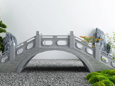 Stone Arch Landscape Bridge With Openwork Railings Rockery Green Plants And Gravel Ground 3d model