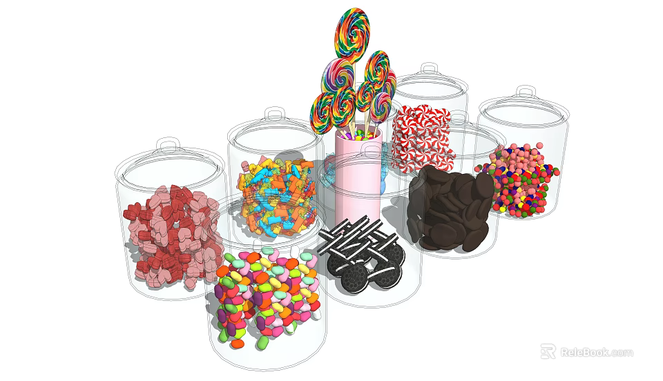Pink Cup With Lollipops And Transparent Glass Jars Filled With Various Candies 3d model 