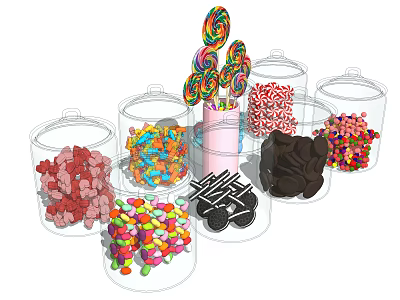 Pink Cup With Lollipops And Transparent Glass Jars Filled With Various Candies 3d model