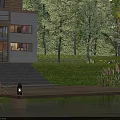 Scenic View Of Modern House With Large Windows Steps And Wooden Dock By Calm Water