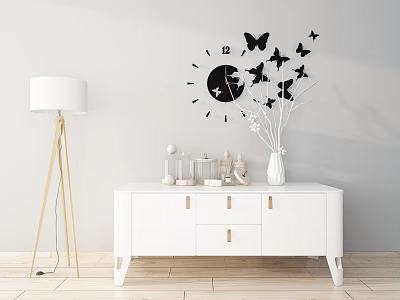 Modern White Entryway Console Table With Drawers Decorative Vase Floor Lamp And Butterfly Wall Clock 3d model