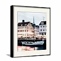 Scenic Landscape Painting With Colorful Buildings Moored Boat And Water Reflections