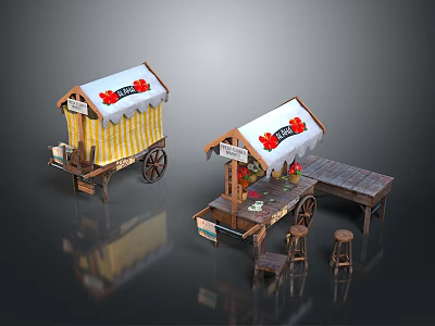 Wooden Market Vendor Carts With Yellow White Striped Awnings Red Decorations Fruit Displays And Stools 3d model