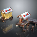 Wooden Market Vendor Carts With Yellow White Striped Awnings Red Decorations Fruit Displays And Stools