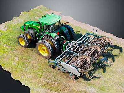 Green Tractor With Large Wheels Attached To Agricultural Cultivation Implement In Field 3d model