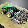Green Tractor With Large Wheels Attached To Agricultural Cultivation Implement In Field