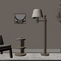 Living Room With Wooden Floor Lamp Beige Fabric Shade Bull Head Wall Art And Minimalist Side Table