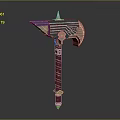 Ornamental Fantasy Axe With Blue Blade Red Handle And White Stripes