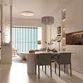 Modern Bright Cream Tone Living And Dining Room Interior With Comfortable Sofa And Elegant Vertical Blinds