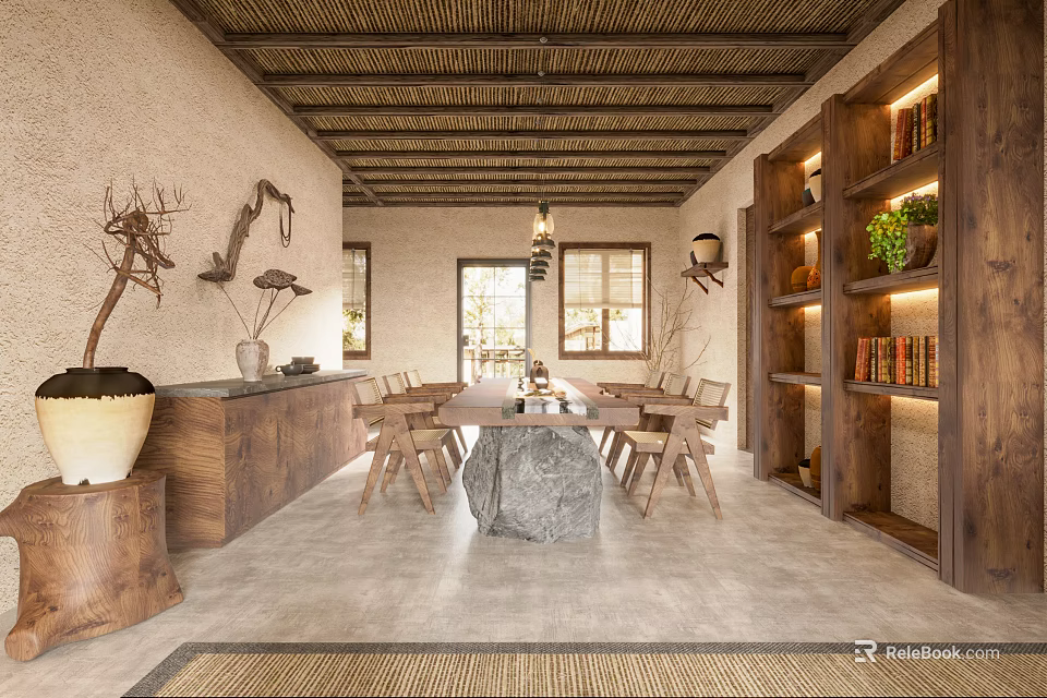Natural Style Tea Room Interior With Wooden Ceiling Rustic Walls Stone Table And Bookshelves 3d model 