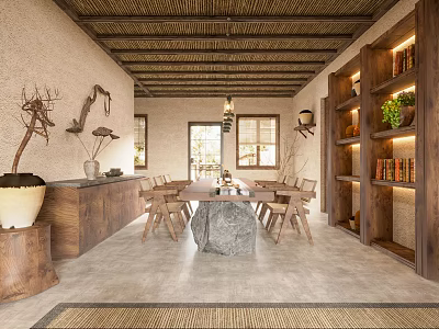 Natural Style Tea Room Interior With Wooden Ceiling Rustic Walls Stone Table And Bookshelves 3d model