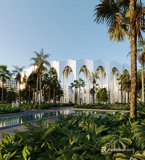 Tropical Landscape with White Arched Building Palm Trees Pool and Lush Greenery 3d model 