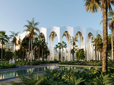 Tropical Landscape with White Arched Building Palm Trees Pool and Lush Greenery 3d model