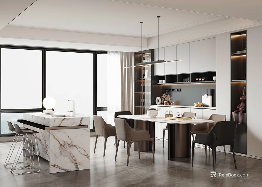 Modern Restaurant Interior With Marble Counter Dining Table Chairs And Large Windows 3d model