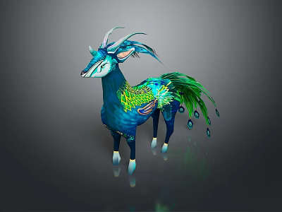 Fantasy Mythical Creature With Blue Body Green Feathers And Decorative Antlers 3d model