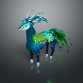 Fantasy Mythical Creature With Blue Body Green Feathers And Decorative Antlers