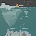 Cartoon Animated Arctic Scene With Orange Tugboat Icebergs Seagulls Buildings And Icy Ocean