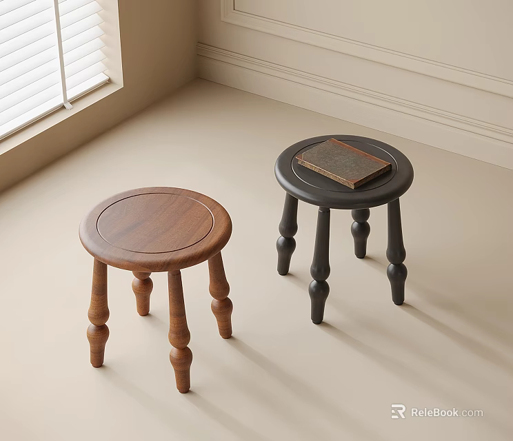 Two Round Brown And Black Wooden Stools In Light Room Corner With Book On Top 3d model 