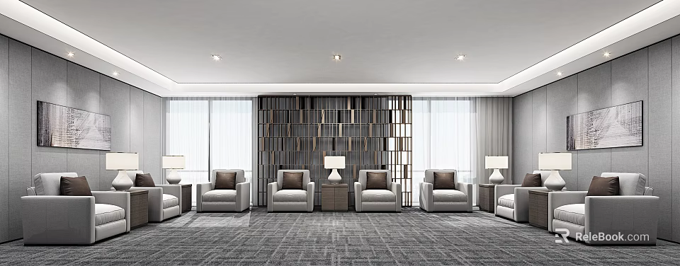 Hotel Public Lounge Area With Plush Sofas Coffee Tables And Bookshelf Partitions In Modern Design 3d model 