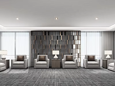 Hotel Public Lounge Area With Plush Sofas Coffee Tables And Bookshelf Partitions In Modern Design 3d model