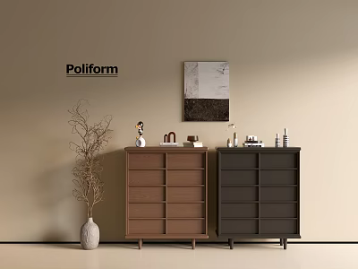 Poliform Entryway Cabinet and Side Cabinet in Brown Dark Gray with Decorative Vase and Branches 3d model