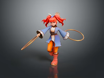Game Movie Character 3D Model With Red Hair Horns Blue Outfit Orange Pants And Whip 3d model
