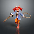 Game Movie Character 3D Model With Red Hair Horns Blue Outfit Orange Pants And Whip