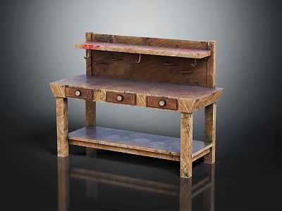 Wooden Functional Table With Drawers Upper Shelf Hanging Hooks And Lower Shelf 3d model