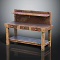 Wooden Functional Table With Drawers Upper Shelf Hanging Hooks And Lower Shelf