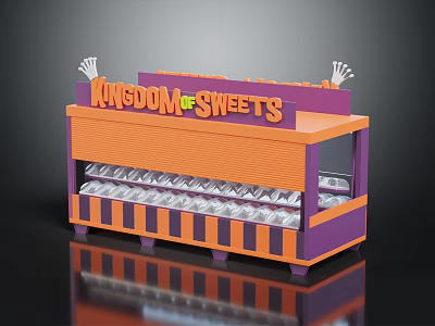 Colorful Candy Display Stand with Orange Purple Design Striped Base and Sweet Showcase Windows 3d model