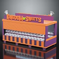 Colorful Candy Display Stand with Orange Purple Design Striped Base and Sweet Showcase Windows