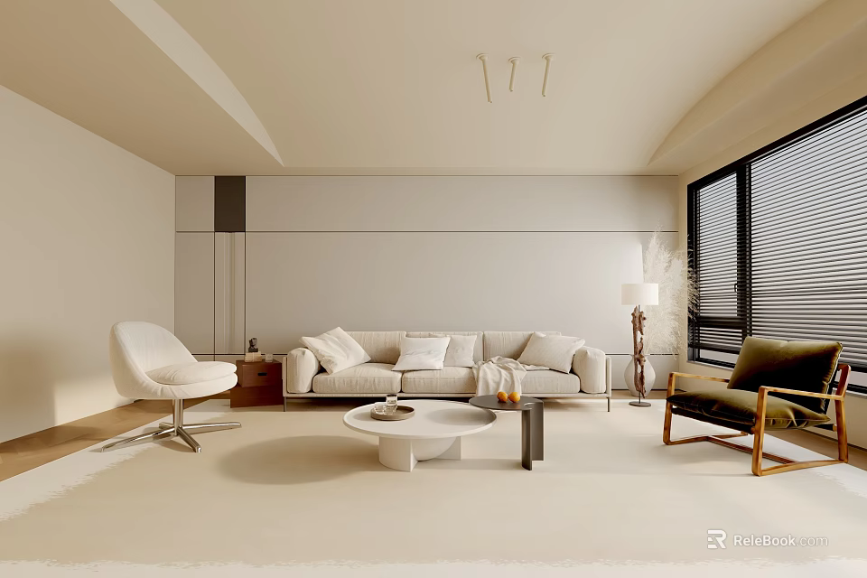 Modern Minimalist Living Room Interior Design With Beige Sofa White Chair And Coffee Table 3d model 