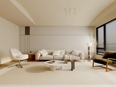 Modern Minimalist Living Room Interior Design With Beige Sofa White Chair And Coffee Table 3d model