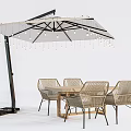 Outdoor Rattan Dining Table And Chairs Set With Umbrella And String Lights 3d model