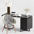 Modern Desk Interior with White Lamp Open Magazine Pen Holder Dried Flowers and Beige Chair