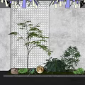 Indoor Landscape Design With Perforated White Screen Tall Tree Green Plants Stone And Round Light