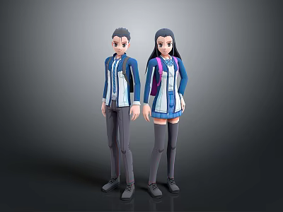 Game Movie Characters Male And Female In Blue White School Uniforms With Backpacks 3d model
