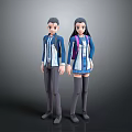 Game Movie Characters Male And Female In Blue White School Uniforms With Backpacks