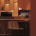 Modern Bar Interior Featuring Wooden Ceiling Cloud Pendant Lights Circular Screen And Warm Lighting