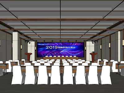 Large Conference Room With White Chairs And Stage For Environmental Economic Forum 3d model