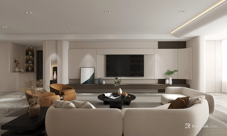Modern Minimalist Living Room Interior With Sofa Set Coffee Table TV Wall And Decorative Plants 3d model 