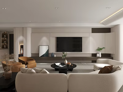 Modern Minimalist Living Room Interior With Sofa Set Coffee Table TV Wall And Decorative Plants 3d model