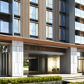Modern Building Main Entrance Gate With Stone Facade Awning And Green Plants