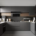 Modern Kitchen Interior Design With Dark Gray Cabinets Black Appliances Countertop And Window