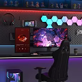 Gaming Cafe Interior Featuring Large Monitor Ergonomic Chair Headphones And Hexagonal LED Lights