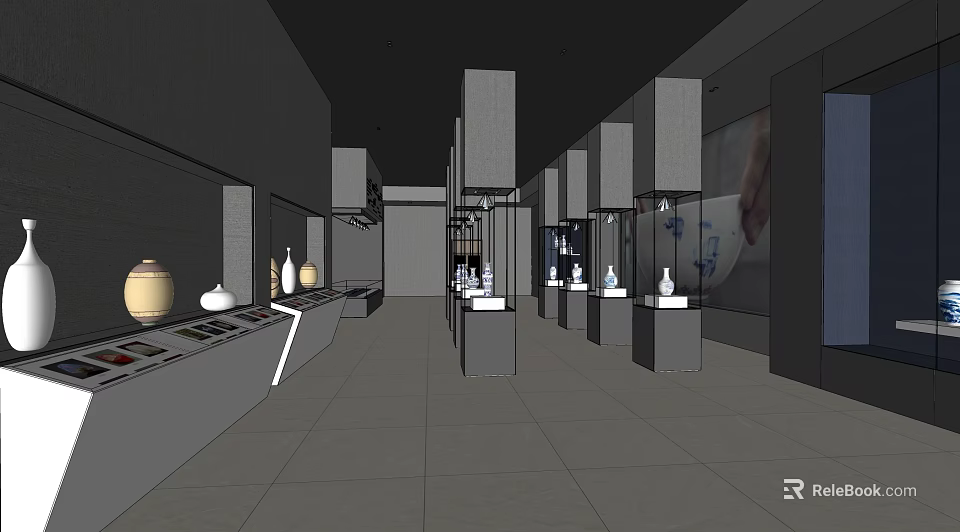 Modern Exhibition Hall Interior With Gray Walls Floor Display Cases And Ceramic Vases 3d model 