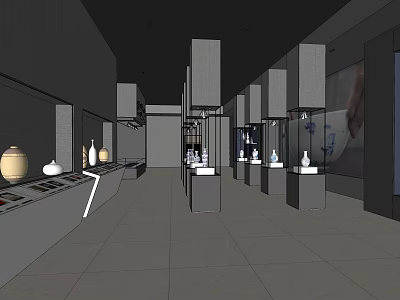 Modern Exhibition Hall Interior With Gray Walls Floor Display Cases And Ceramic Vases 3d model