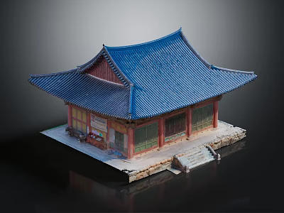 Traditional Chinese Architecture With Blue Tiled Roof Red Wooden Columns Classic Eaves And Steps 3d model