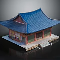 Traditional Chinese Architecture With Blue Tiled Roof Red Wooden Columns Classic Eaves And Steps