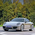 Silver Sports Car Parked in Open Area With Paved Ground and Green Trees